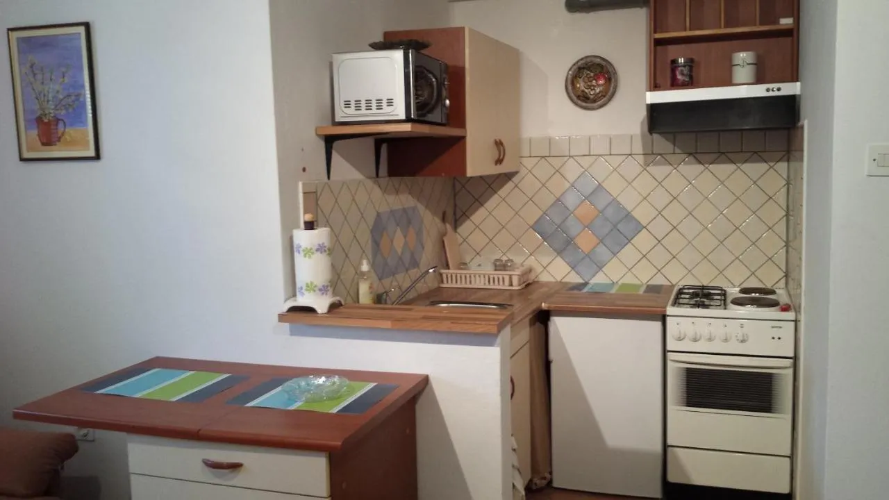 Kuhinja s štedilnikom s pečico, mikrovalovno pečico in pultom